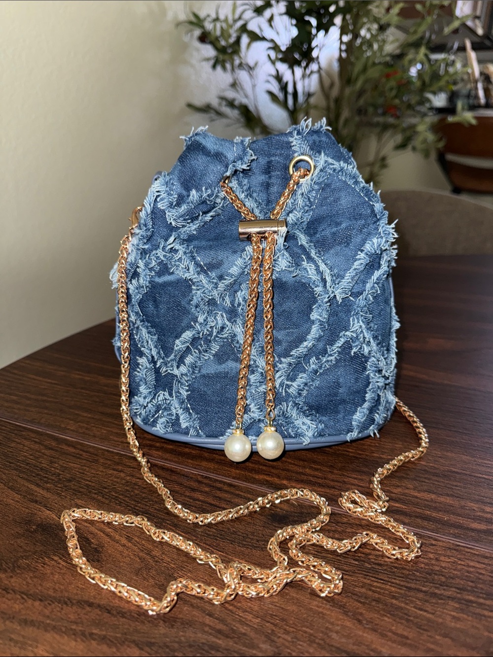 Frayed Denim Mini Drawstring Bag with Pearl-Tip Chain Strap